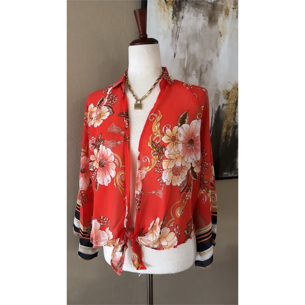 Floral Tie-Front Blouse - Red - Picture 9 of 14